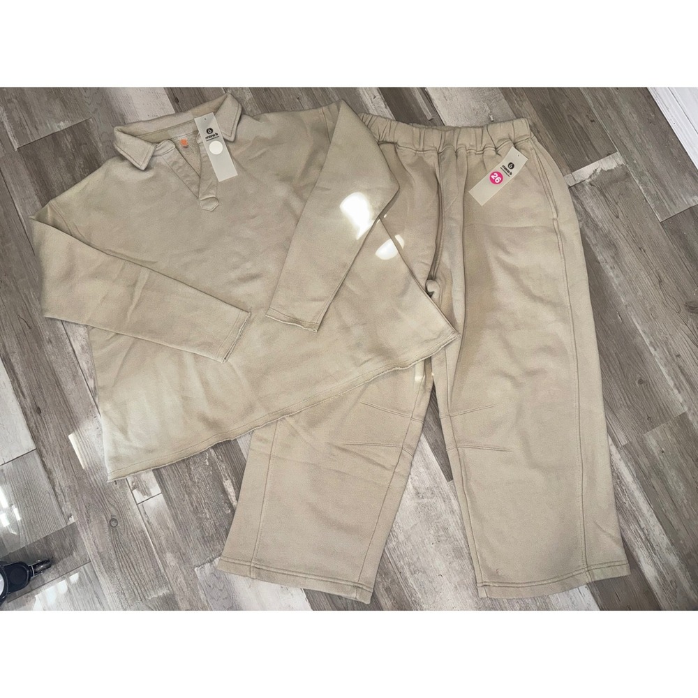 Mono B Lounge Set Women Sand Beige Polo Sweatshirt Wide Leg Pants KT5278 S